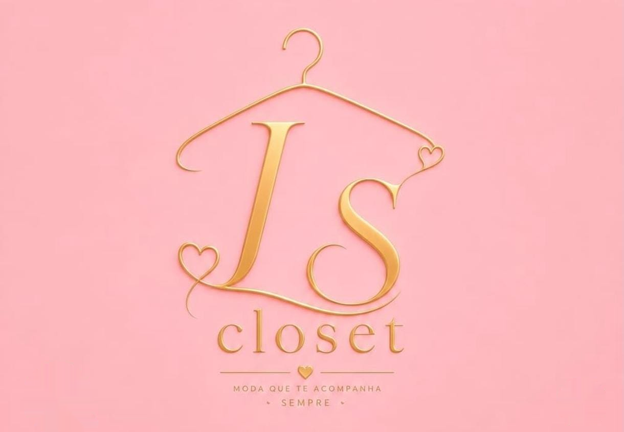 Logo original LS Closet: monograma dourado com cabide e corações sobre rosa